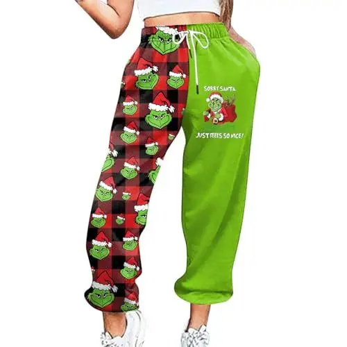 Produktbild: 𝑮𝒓𝒊𝒏𝒄𝒉 Trackpants Weihnachtshose Damen Kariert Wollhose Damen Winter Jogginghose Damen Weihnachten Schlafanzug Damen Baumwolle Schlafanzug Damen Lang Sexy Rot Schwarz Karierte Pyjamahose Grün M